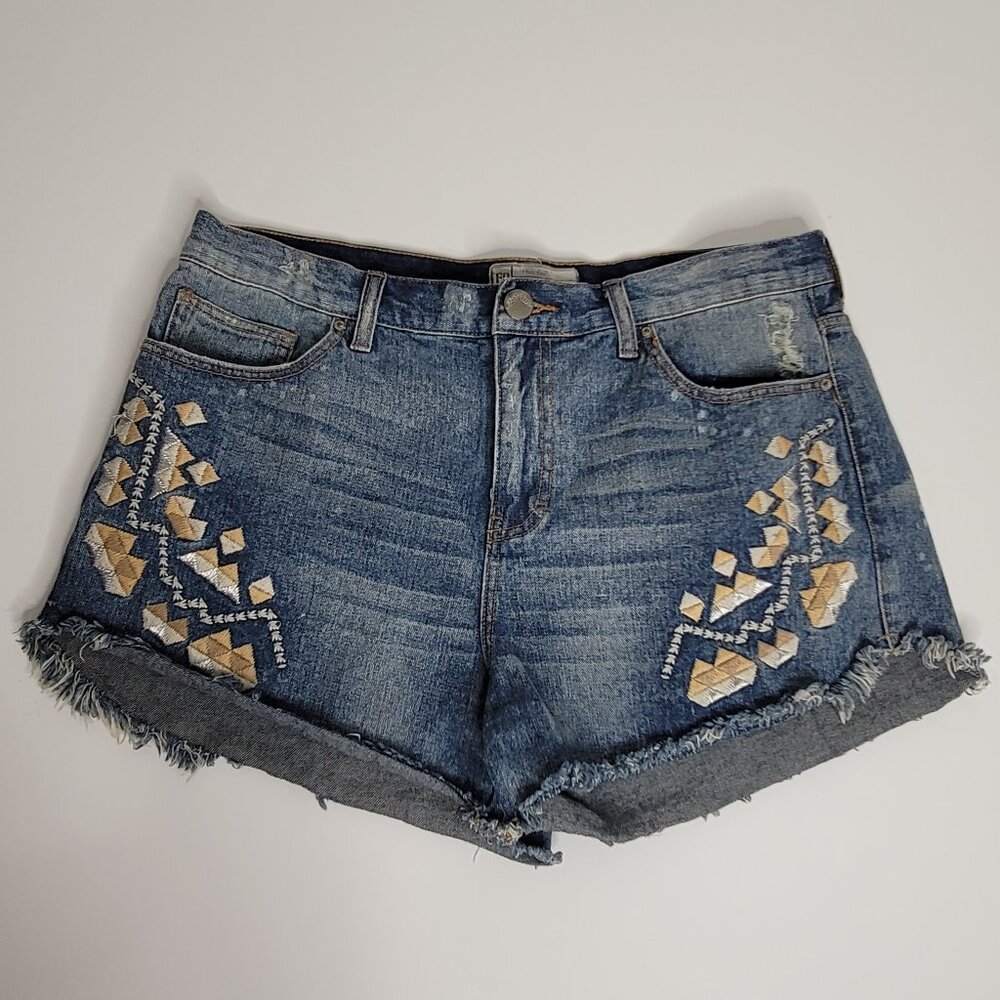 Free People Womens 31 Denim Shorts Cut Off Raw Hem Embroidered Distressed